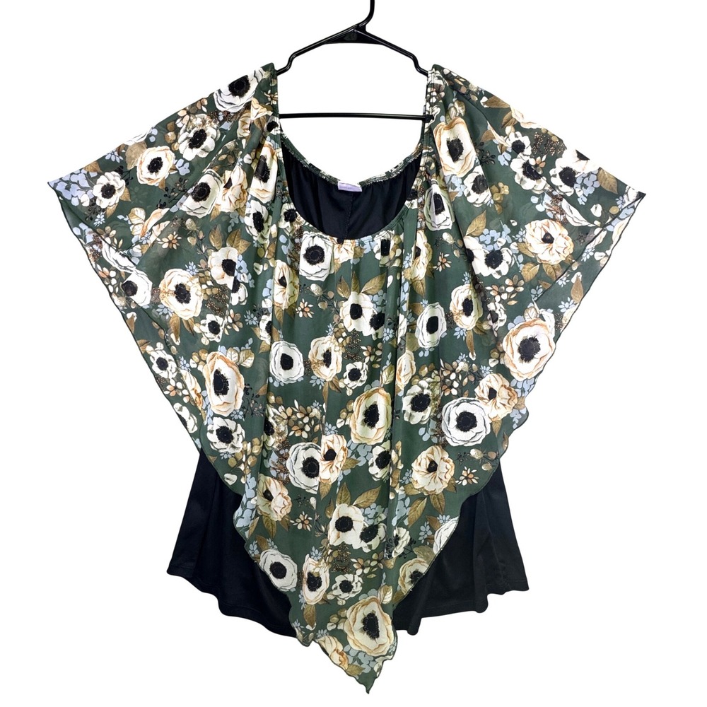 Impulsive‎ Shirt Women's Size 3X Floral Poncho Sleeve Top Green Chiffon Layered